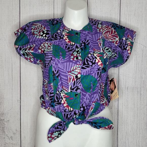 Vintage 90s Jaclyn Smith Boxy Fit Tropical Print Tie Front Blouse, size 10 - Picture 1 of 6